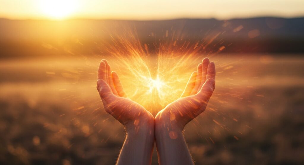 柔らかい光に包まれた手(感謝とエネルギーの象徴)