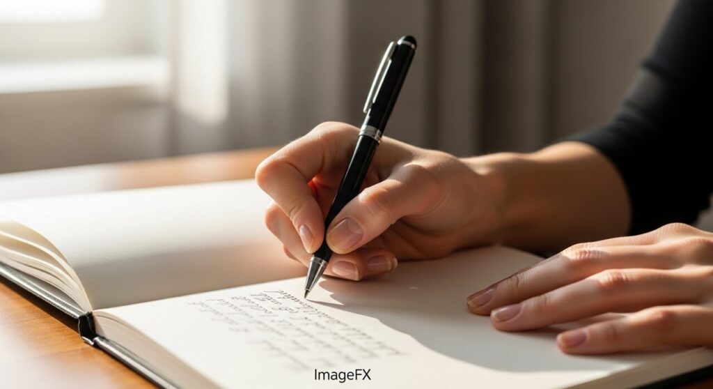 「書くことで心の声に気づき、願いを現実に近づける」を視覚的に示す。