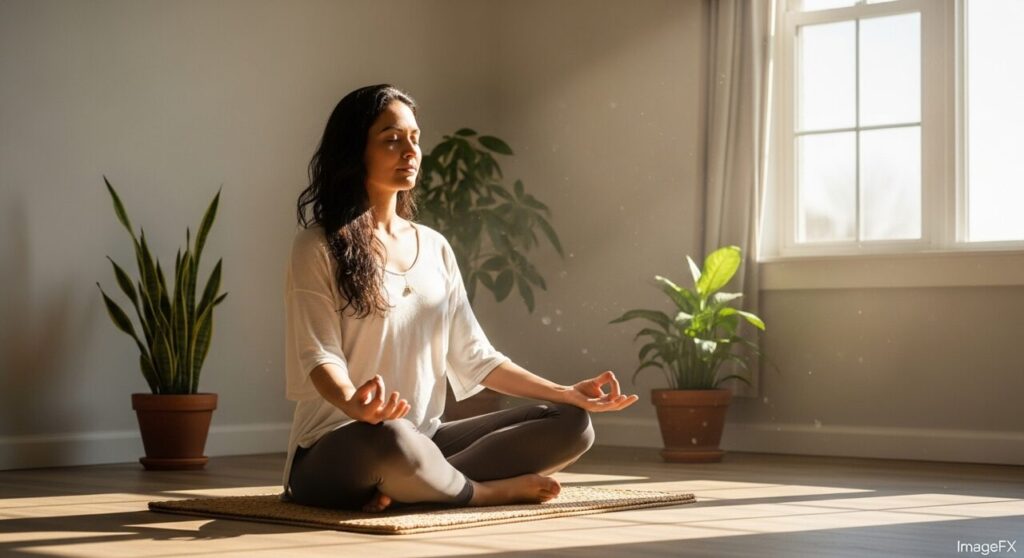 柔らかな日差しが差す部屋で瞑想するシーン