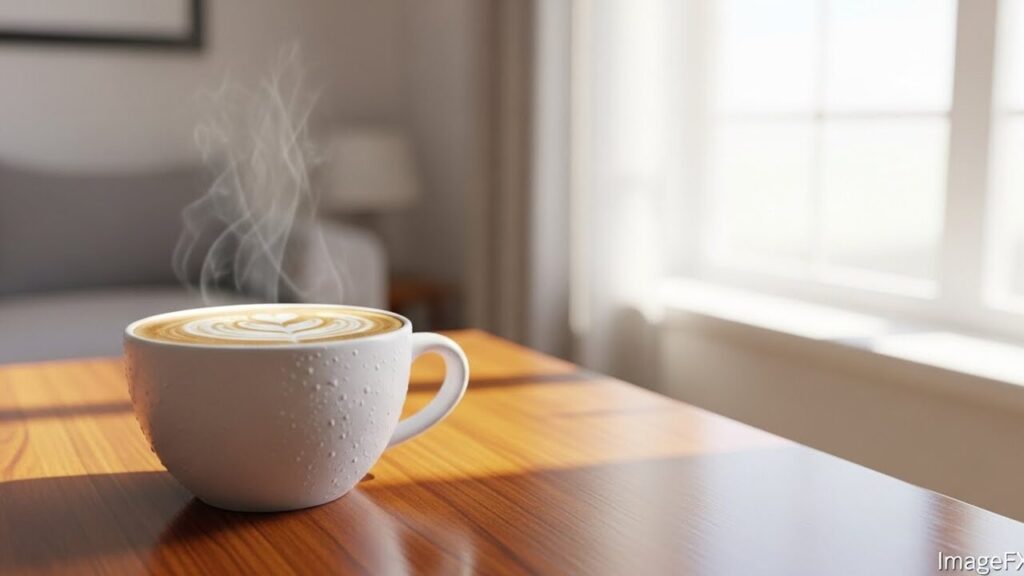 明るく柔らかい光が入る部屋のテーブルの上で温かいコーヒーの入ったカップ