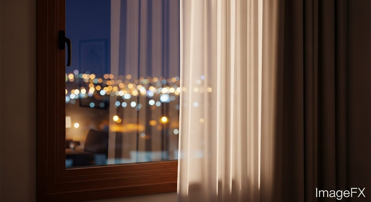 都会の街の光が見える夜の窓のシルエット