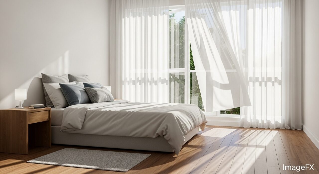 綺麗に整理された寝室にあさの光が射しこみ、窓辺のカーテンが風に揺れる画像