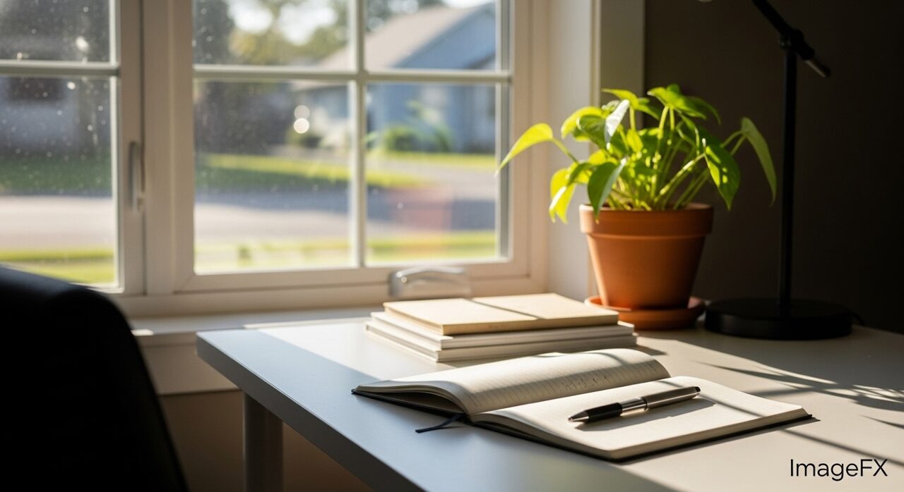 朝日が差しこむ整理されたデスク