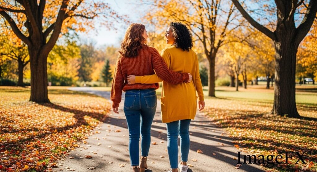 二人のシルエットが“距離を保って歩いている