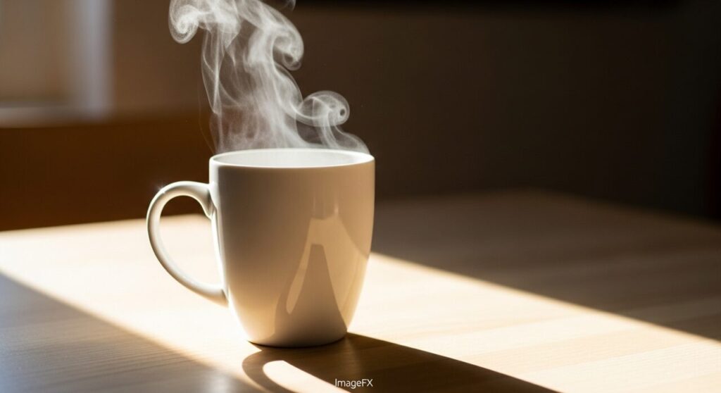 暖かな光と白湯湯気が立つマグカップ
