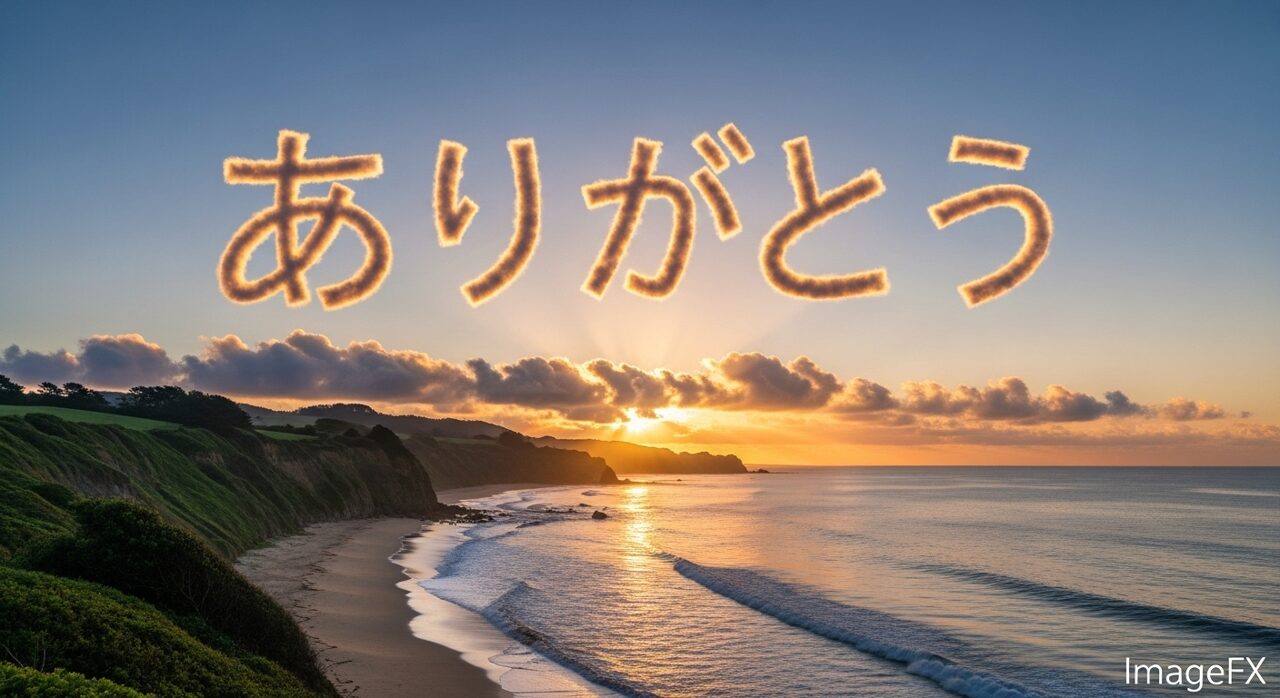 空に浮かぶありがとうの文字。