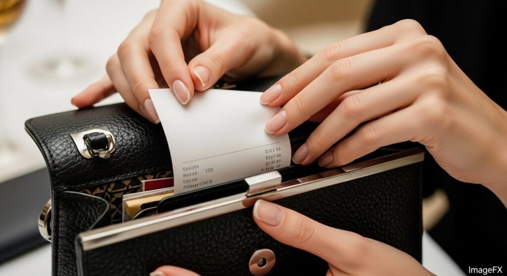 財布からレシート出し整理するしぐさ