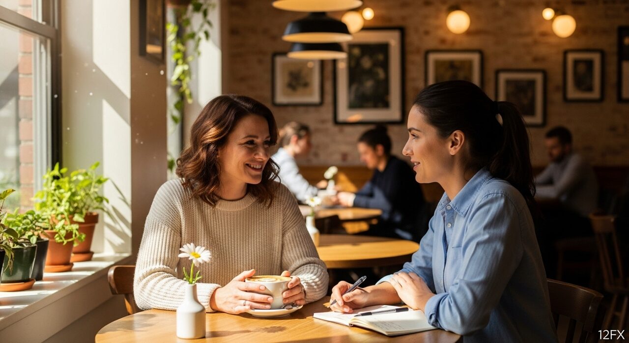 柔らかい日差しの中で、人が向かい合って笑顔で会話しているシーン