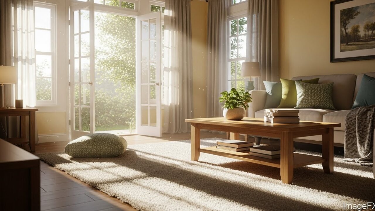 窓のカーテンを開けて朝の明るい光が差し込む整理されたリビング。