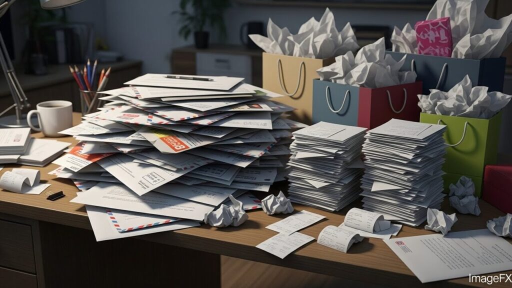 •溜まった郵便物
•レシートの山
•散らかったデスク
•衝動買いした袋の山