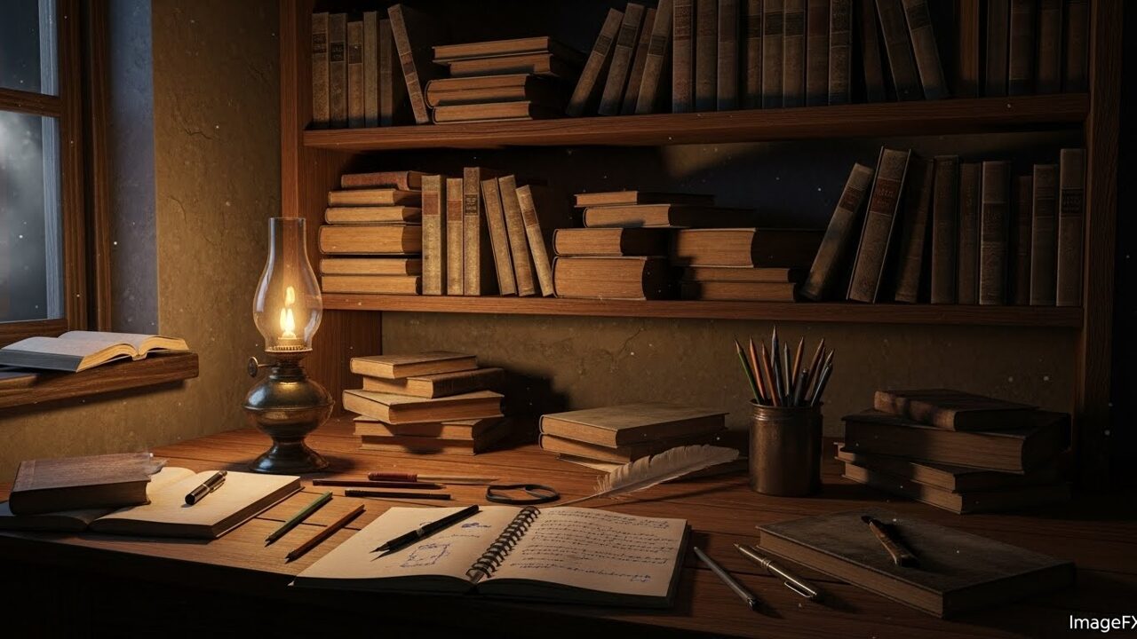 薄暗い部屋・ホコリが溜まった棚・積み重なった本