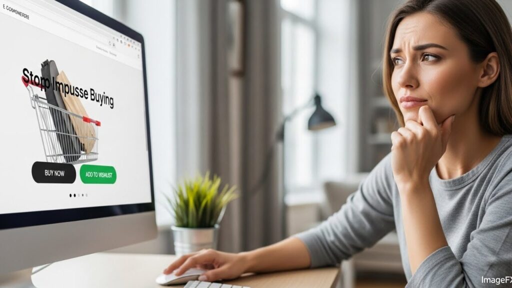 「買い物カゴを前に悩む人の手元」
→ 衝動買いストップのイメージ
