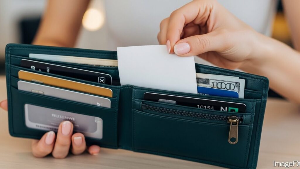 整った財布・財布からレシートを取り出す女性の手