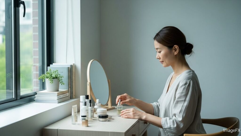 丁寧な暮らしを連想するミニマルな部屋・整然としたコスメ・お気に入りのものを大切に扱う写真