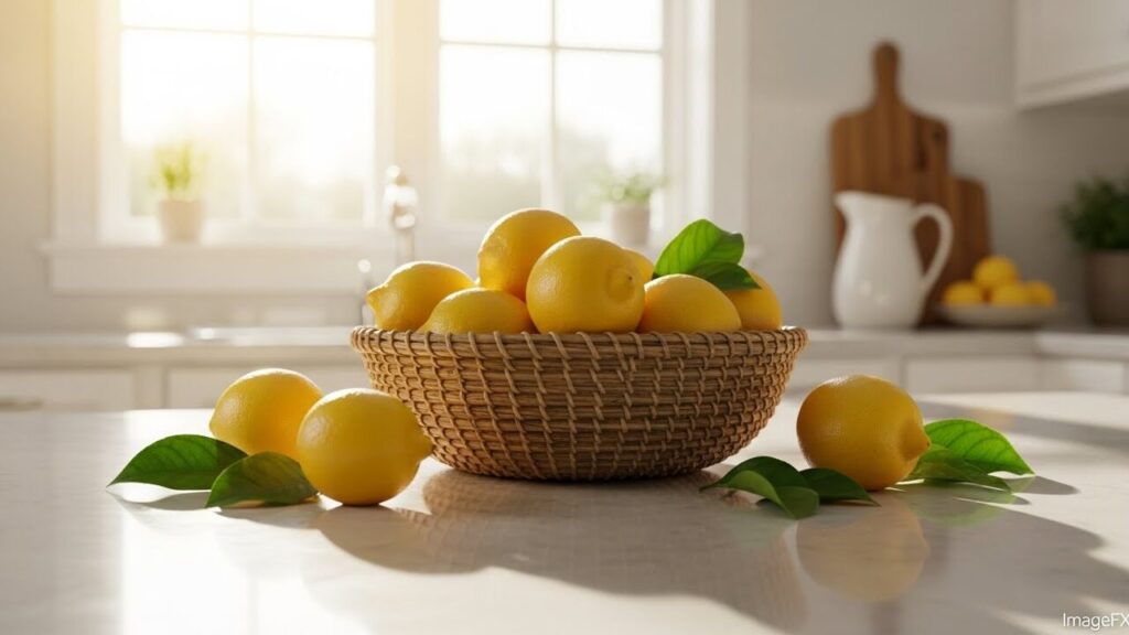 朝の明るい光が射しこむ綺麗なキッチンに置かれたカゴに入ったレモン