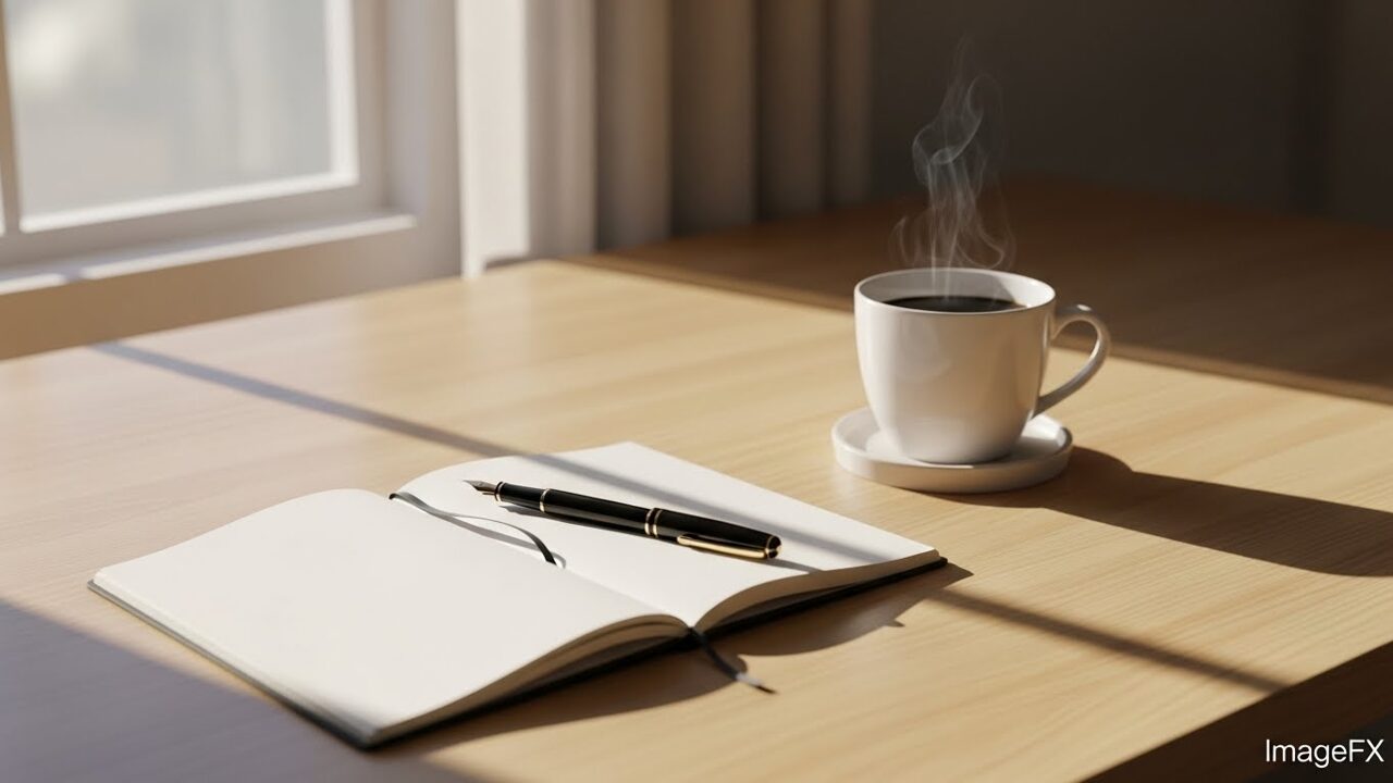 朝日が差し込む明るい部屋で、ノートとペン・コーヒーが置かれている“整った朝の机の画像