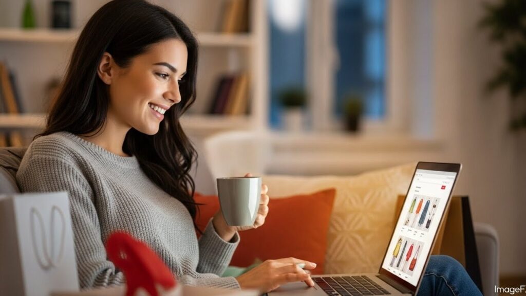 幸せそうにネットショッピングする美しい女性の画像