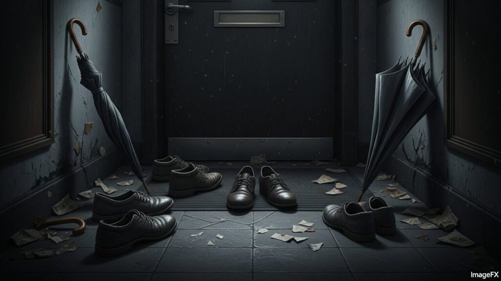 くたびれた靴が3足も乱雑に脱ぎっぱなしで、濡れた傘が2本倒れたままの暗く乱れた玄関