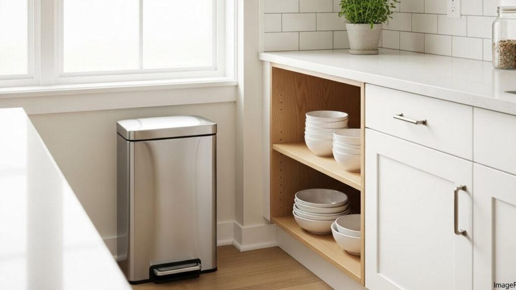 明るい光の入るキッチンにあるフタ付きゴミ箱・清潔なキッチン収納の写真