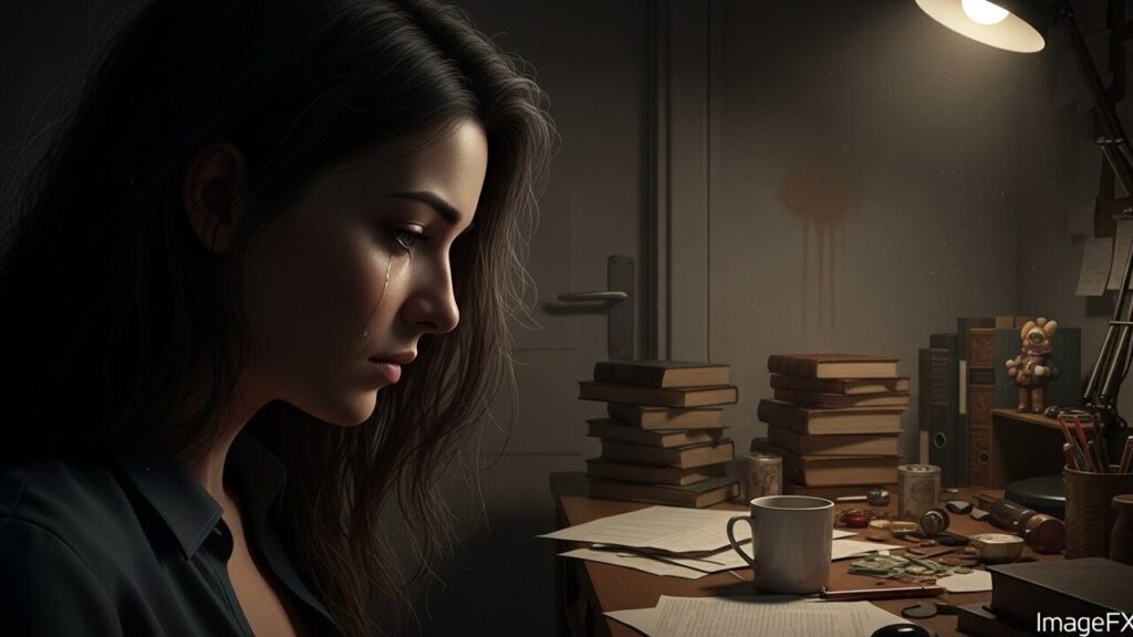 薄暗くモノが散らかった部屋で暗く寂しそうにしている女性の横顔