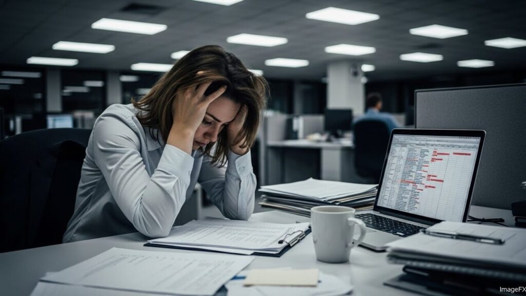 女性が仕事が上手くいかずイライラした表情の画像