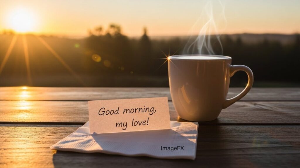 朝日に照らされた空、朝のコーヒー・ノート