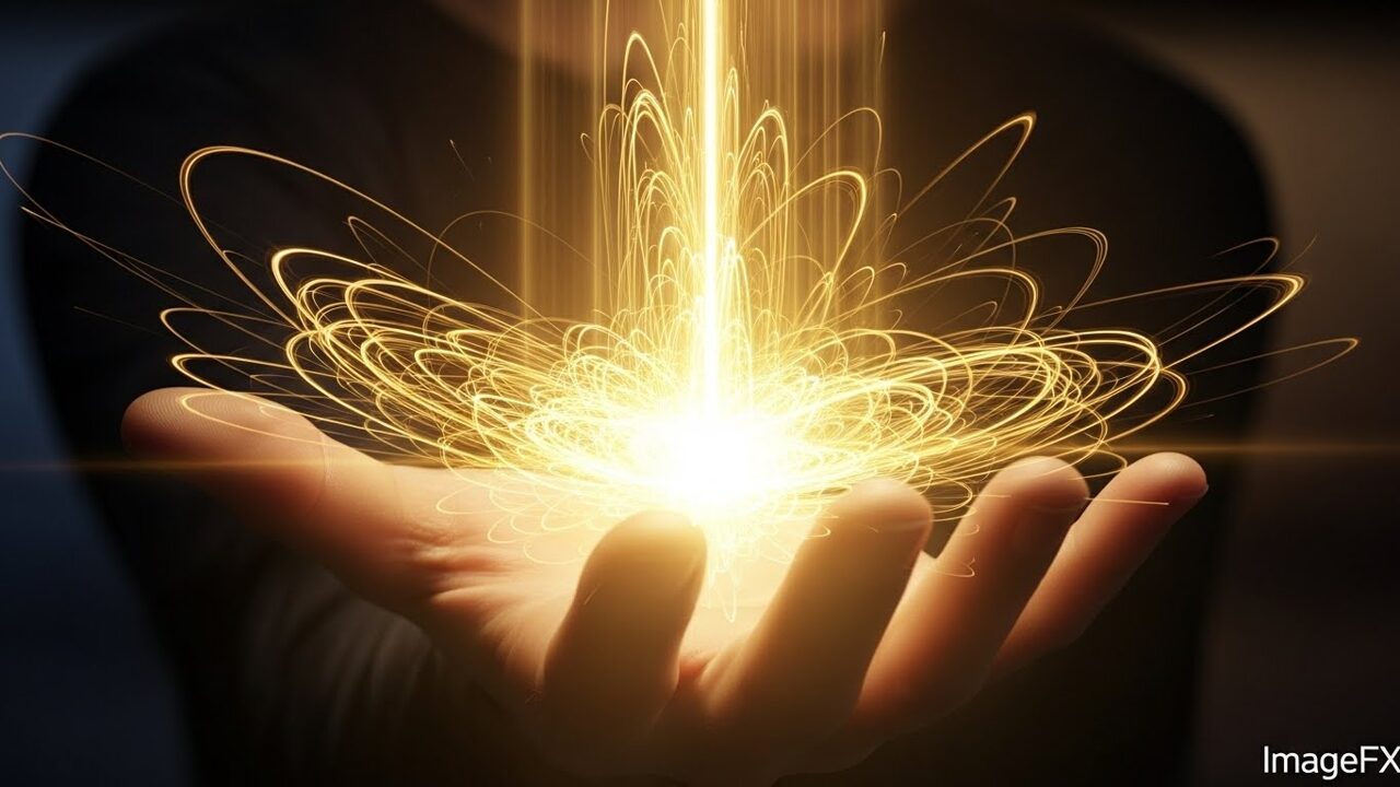 豊かさが巡るイメージ／手のひらの光が金色のエネルギーとして循環している画像