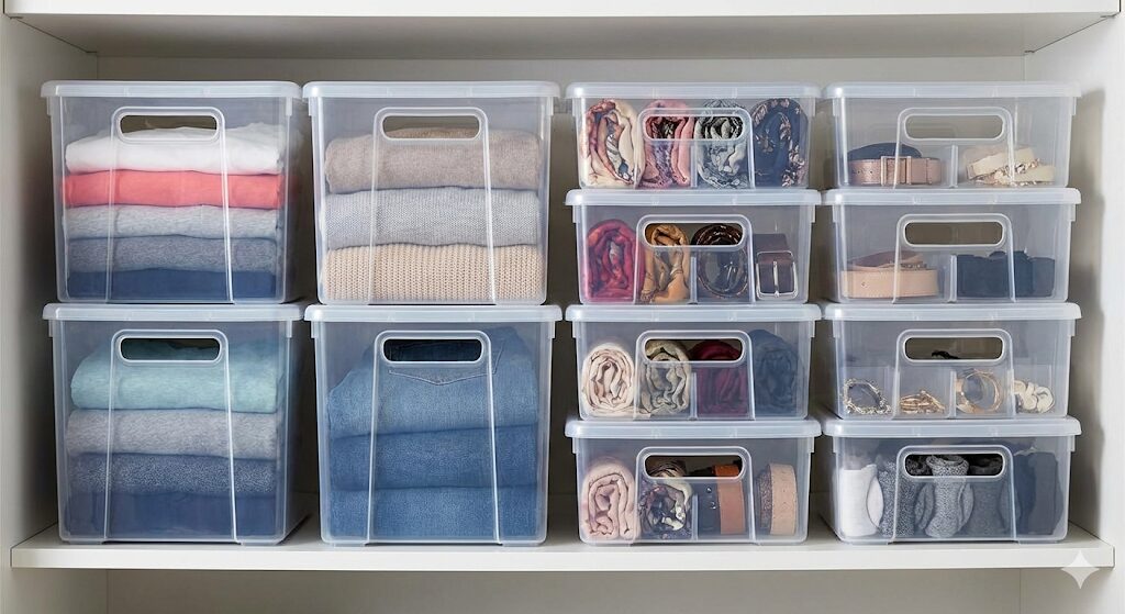 中身の見える透明な収納ボックスに綺麗に整理された衣類