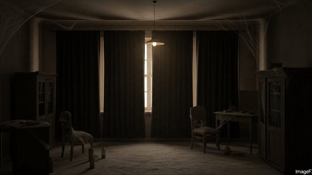 カーテンを閉め切った暗くホコリの舞う部屋