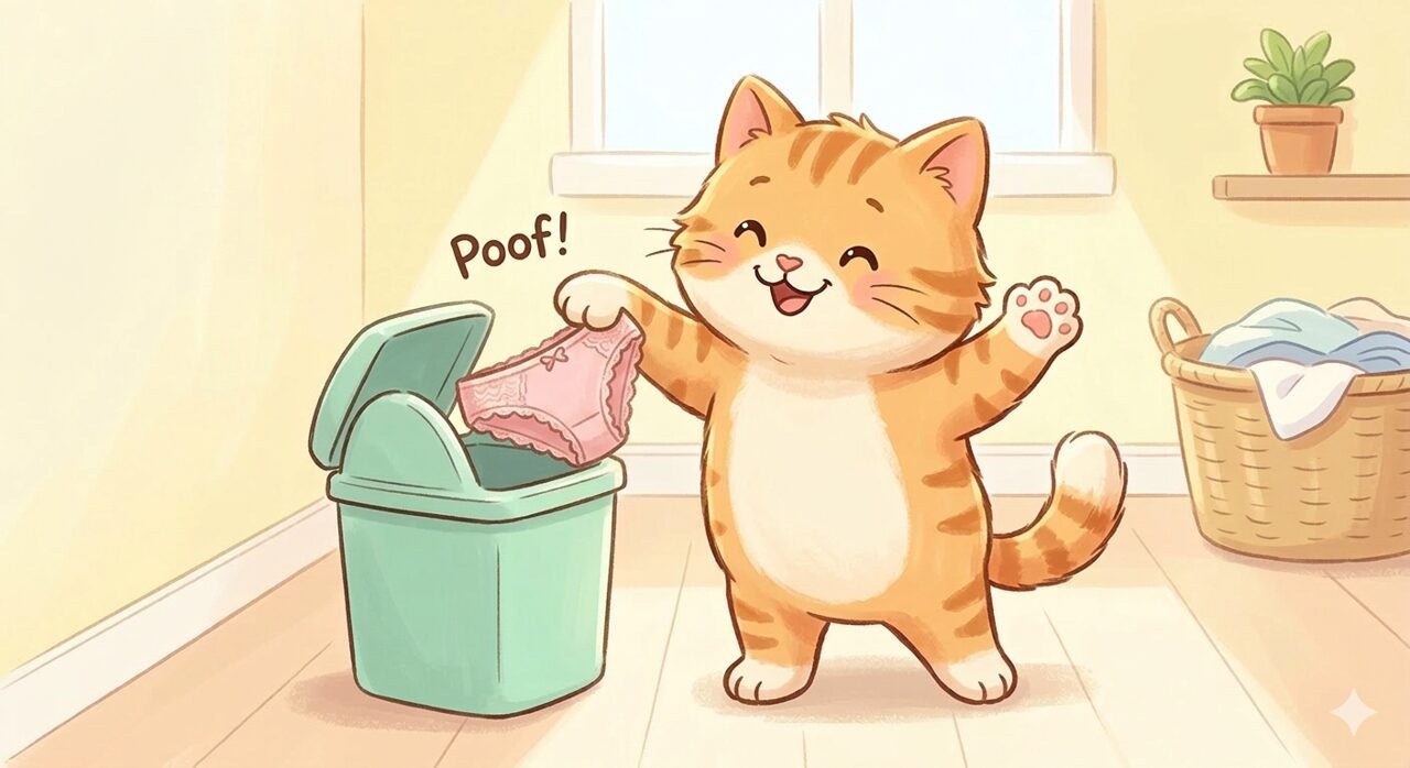 古い下着を捨てて幸運体質になる猫